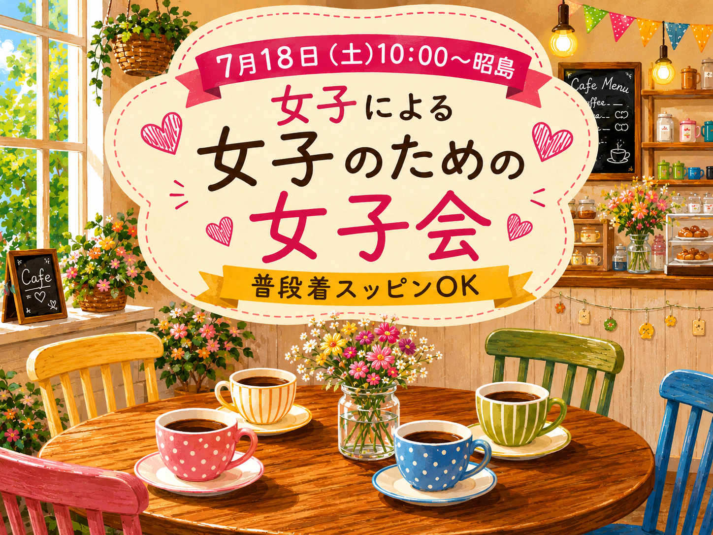 【7/18(土)10:00～昭島駅近く】女子だけの本音女子会開催！普段着・すっぴんOKの等身大リラックスタイム💐