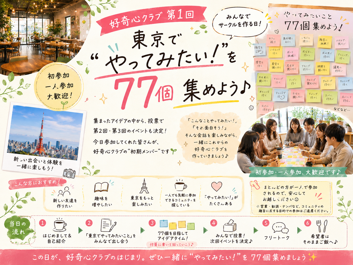 🌱 好奇心クラブ 第1回
東京で”やってみたい！“を77個集めよう🎋✨
初参加・一人参加歓迎！