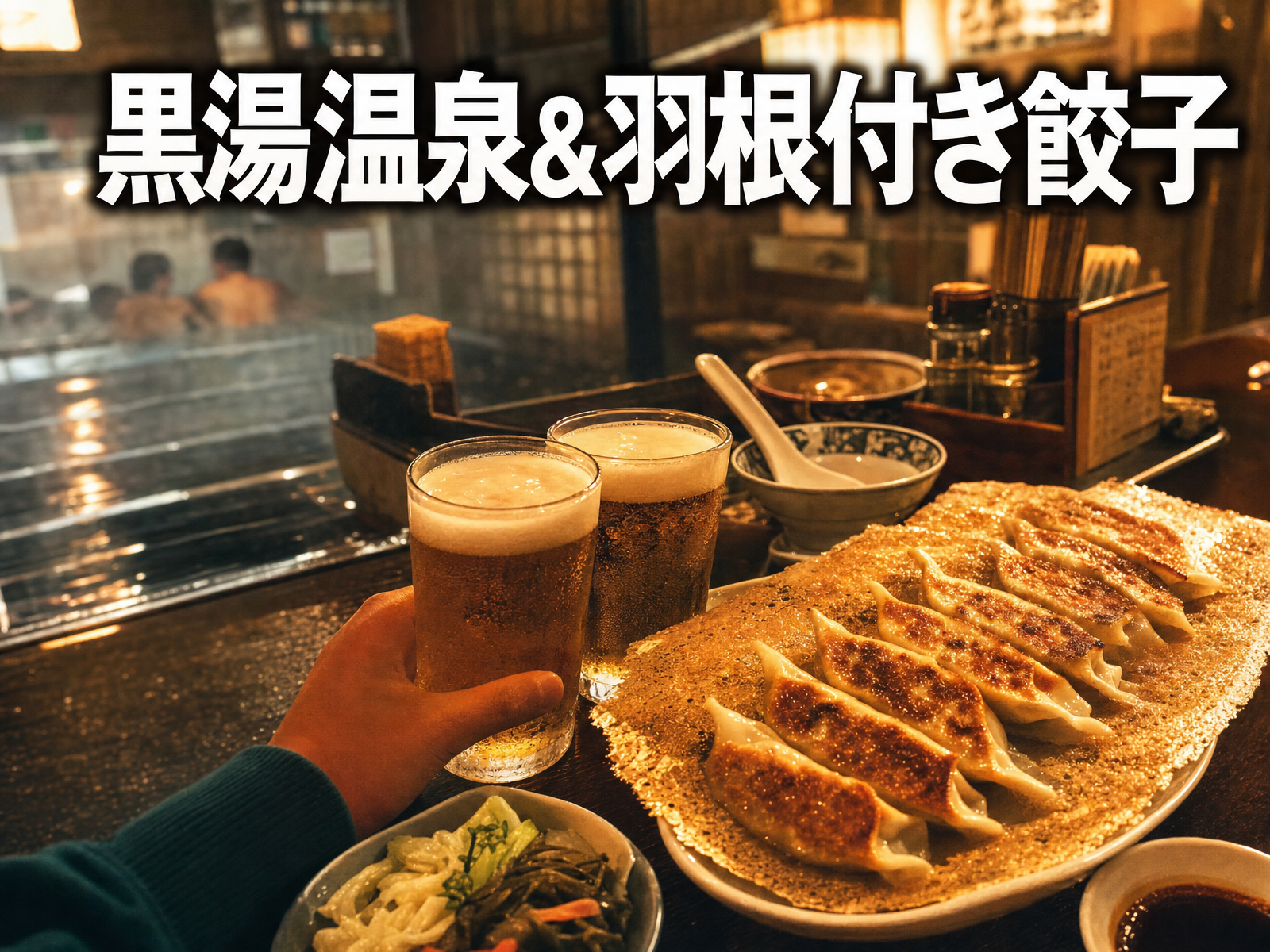 黒湯温泉&羽根付き餃子
