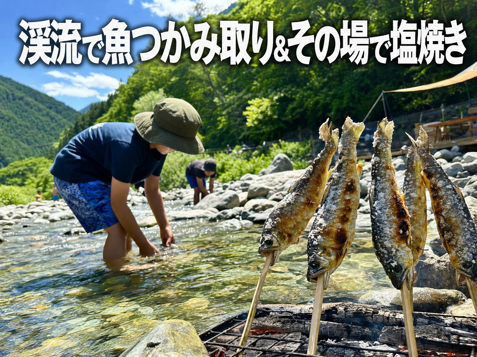 渓流で魚つかみ取り&その場で塩焼き