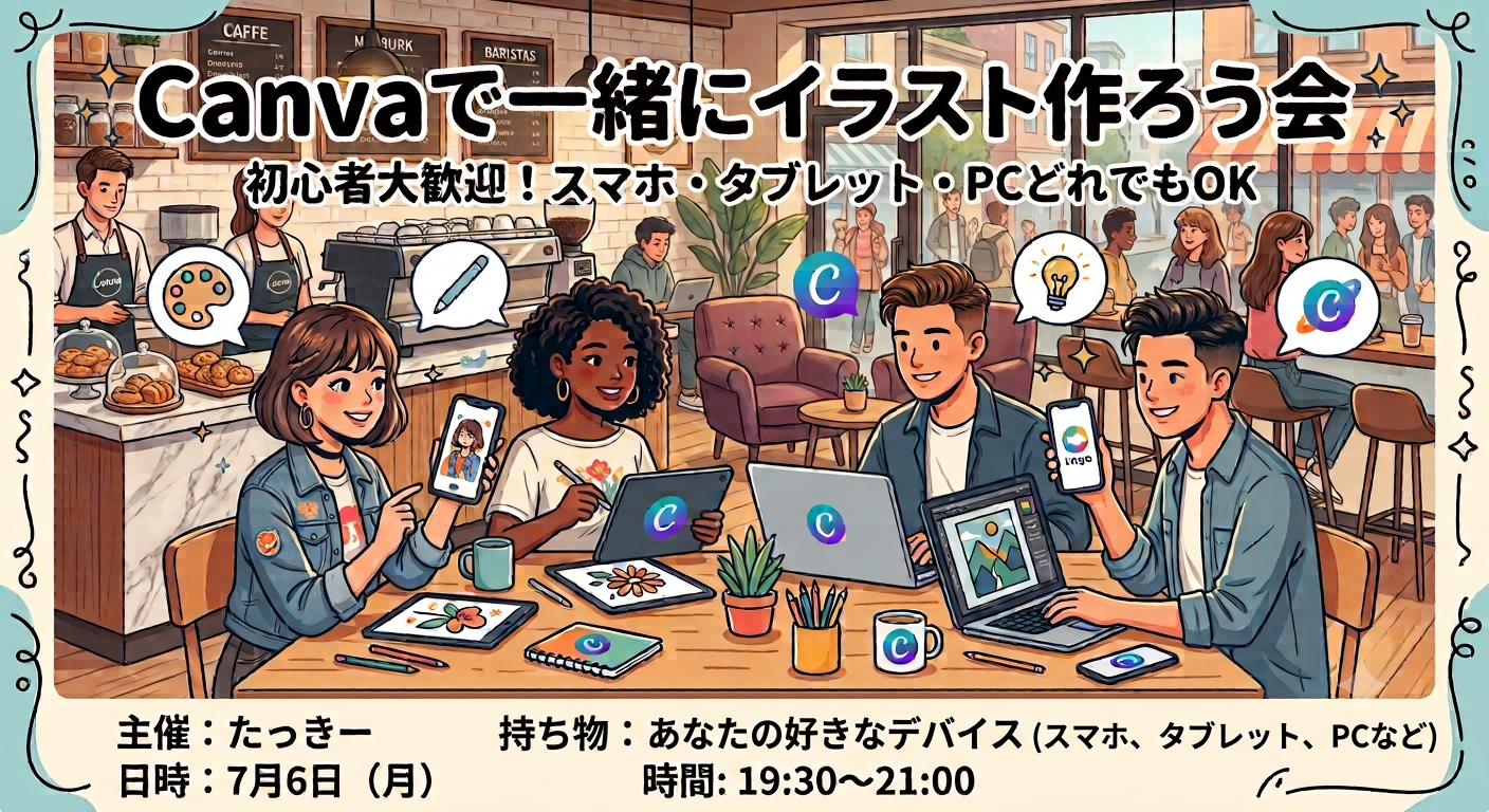 【7/6(月)19:30〜開催｜都内カフェ☕】仕事終わりに気軽に学べる！初心者歓迎のキャンバdeチラシ作成体験会