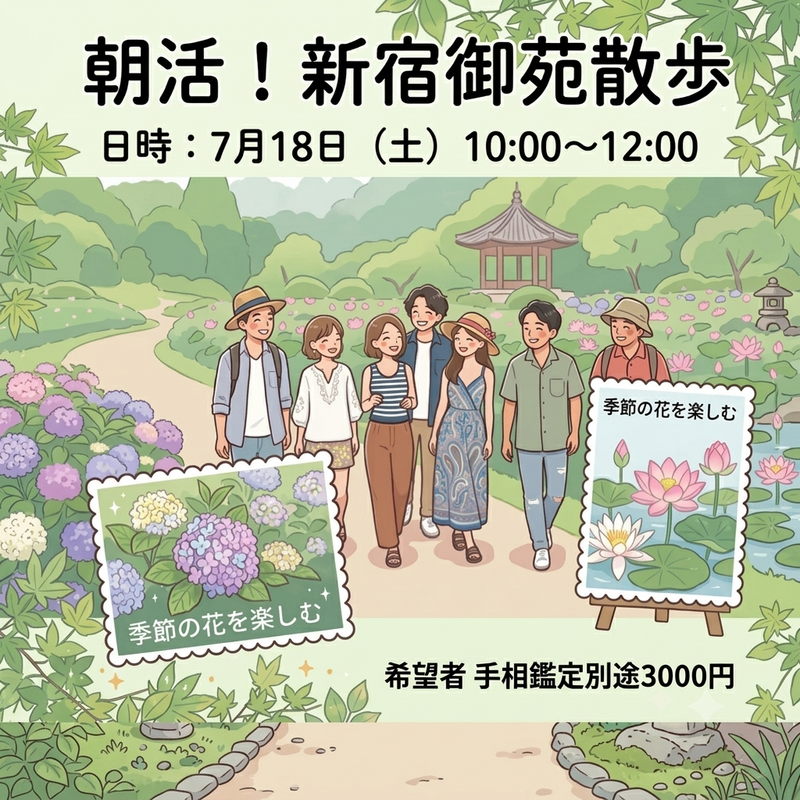 【7/18新宿御苑🌳】朝のリフレッシュ✨緑あふれる朝活お散歩×プチ手相体験