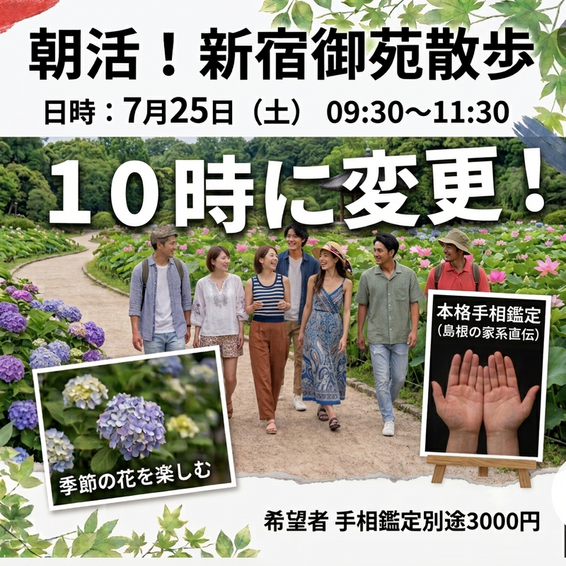 【7/25新宿御苑🌳】朝のリフレッシュ✨緑あふれる朝活お散歩×プチ手相体験
