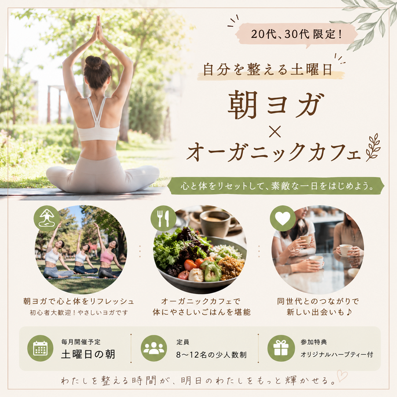    20代、30代限定！ 【自分を整える土曜日】
朝ヨガ×オーガニックカフェ