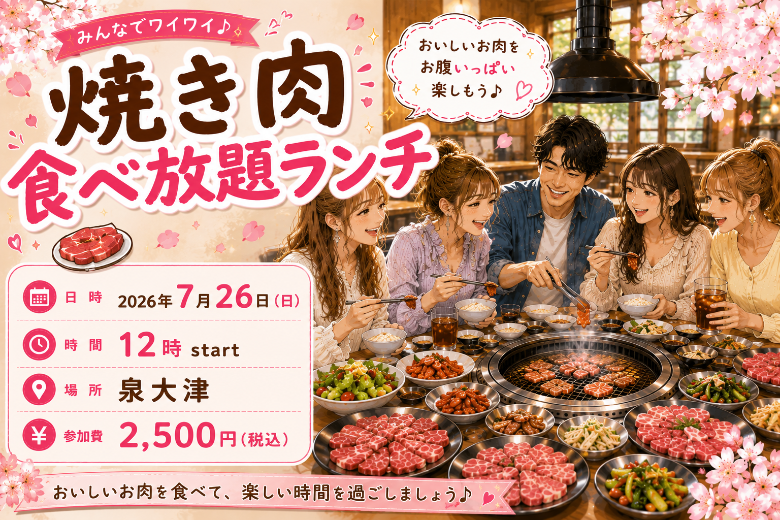 【7月26日（日）12時・泉大津】“焼き肉食べ放題ランチ会”（男女どちらも募集）