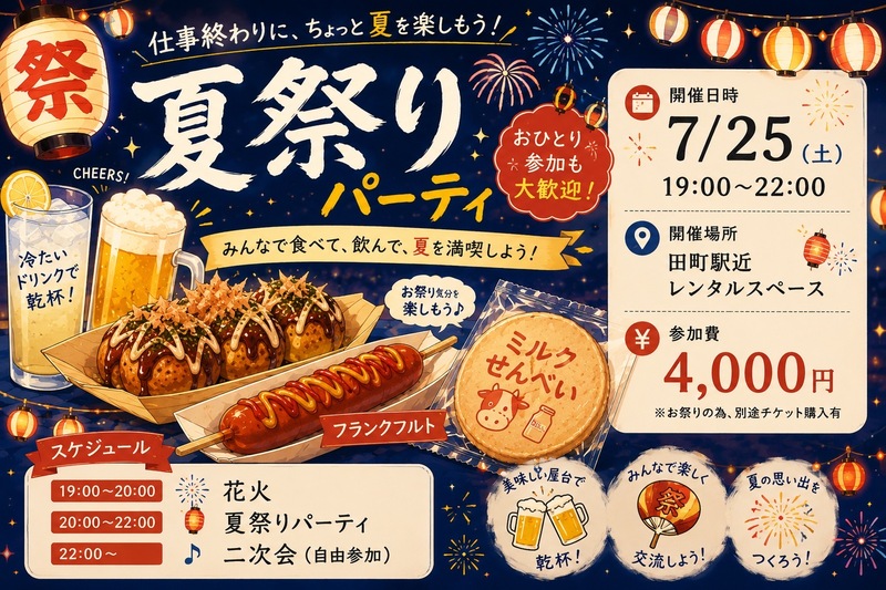 【7/25（土）田町×大人限定🍧】夜19時～夏の手持ち花火＆縁日体験！ビアポン・たこ焼き｜おひとり様＆初参加大歓迎