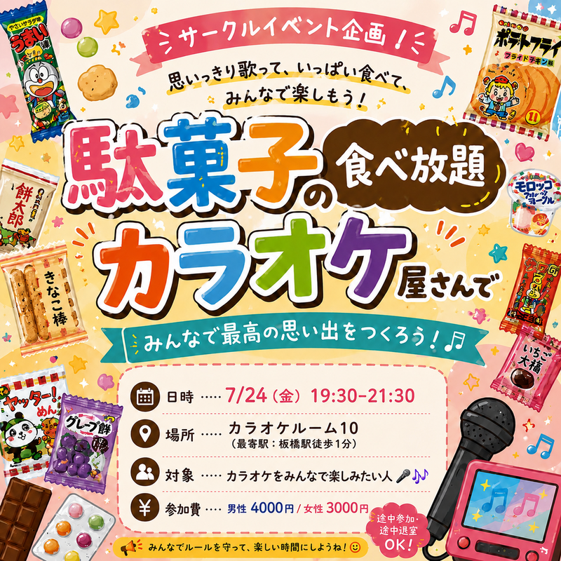 【20.30代限定】駄菓子食べ放題×カラオケ会🎤♬
