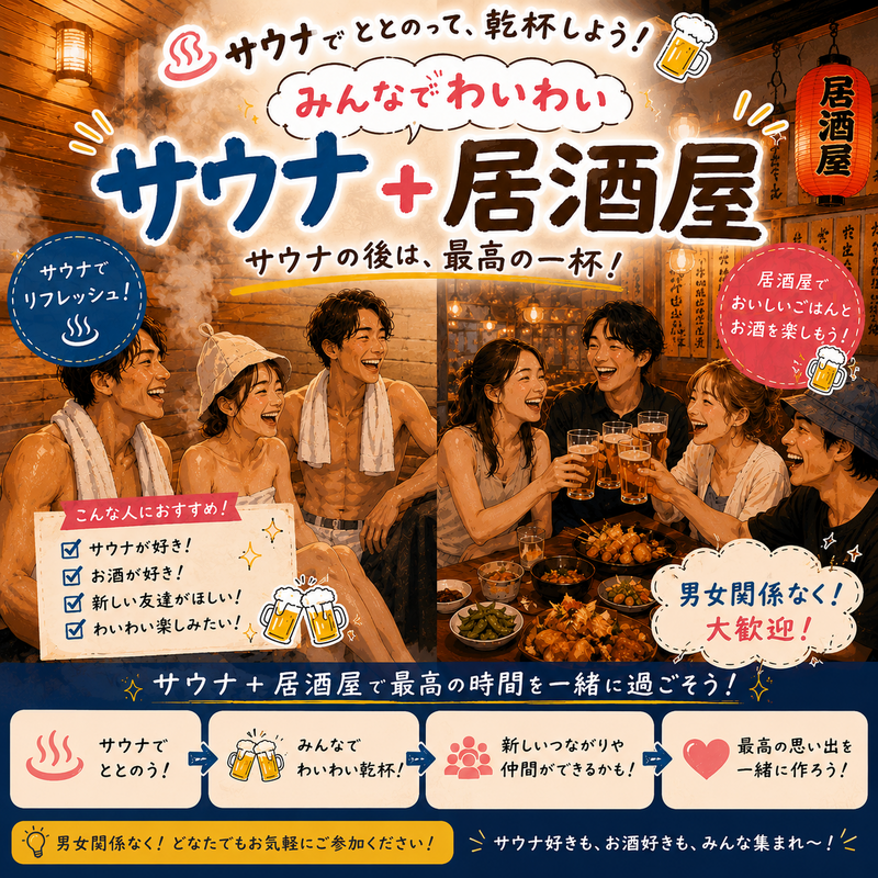 【男女ok】渋谷 SAUNASでサウナ＆アフター居酒屋交流会で心と体をリフレッシュ！