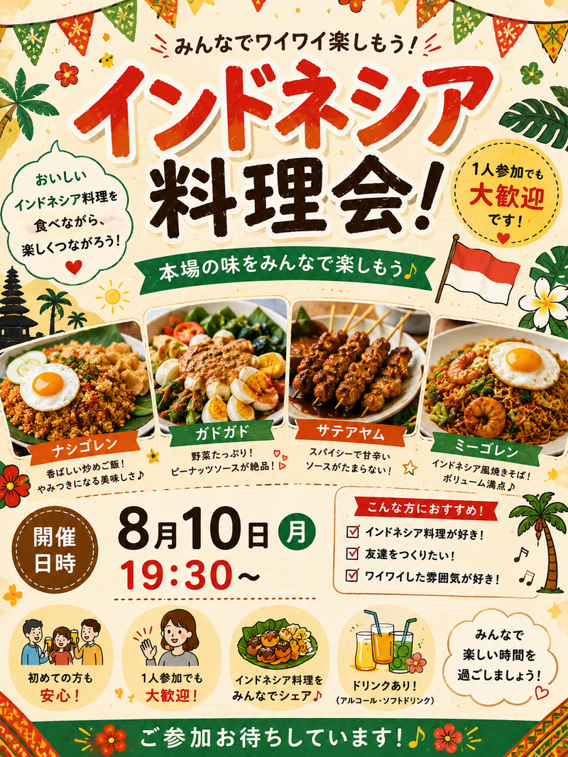 8/10（月） 【男女主催👫】ゆるご飯会🍚 インドネシア料理に食べにいきませんか？🇮🇩✨