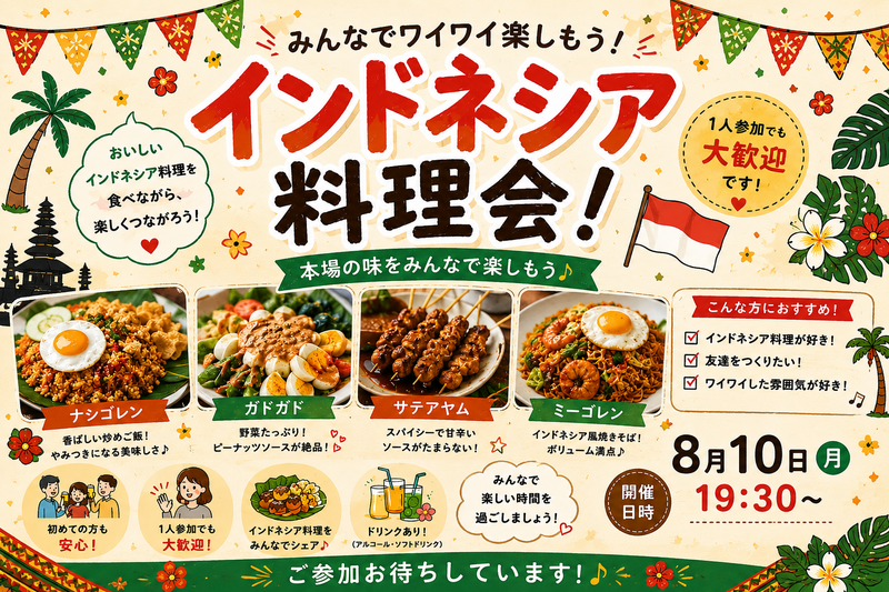 8/10（月） 【男女主催👫】ゆるご飯会🍚 インドネシア料理に食べにいきませんか？🇮🇩✨