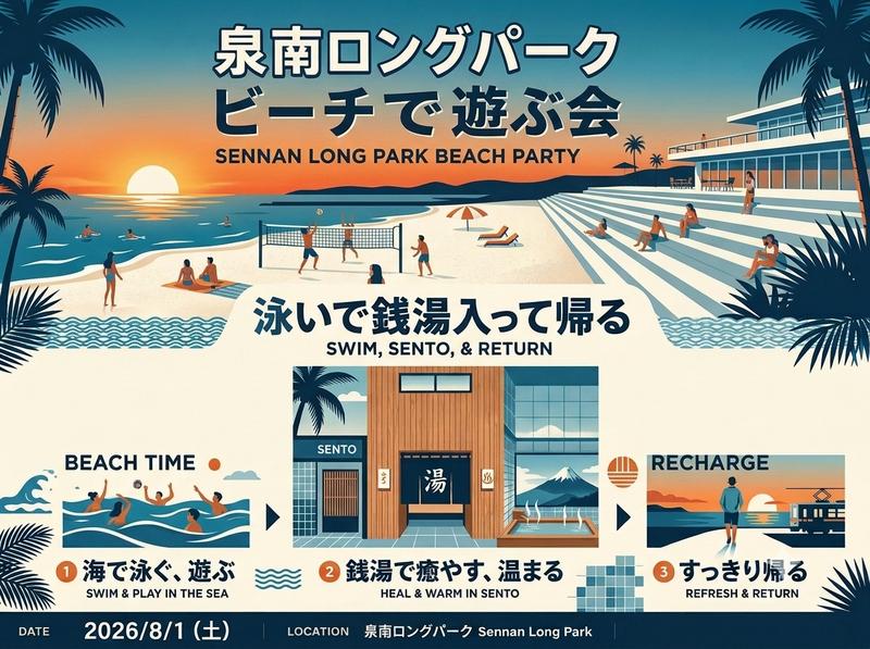 【2026/8/1（土）開催】泉南ロングパーク・りんくう南浜海水浴場🏖銭湯セット体験！夏限定・リフレッシュDAY✨