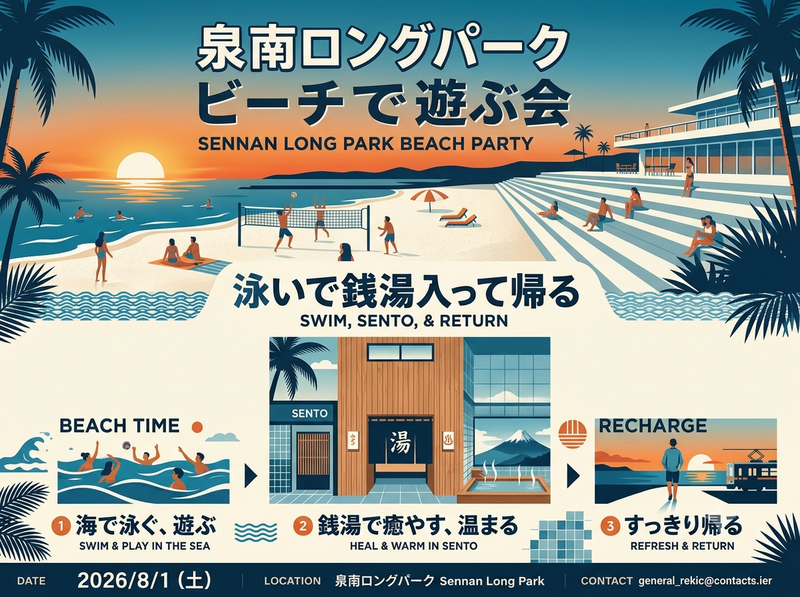 【2026/8/1（土）開催】泉南ロングパーク・りんくう南浜海水浴場🏖銭湯セット体験！夏限定・リフレッシュDAY✨