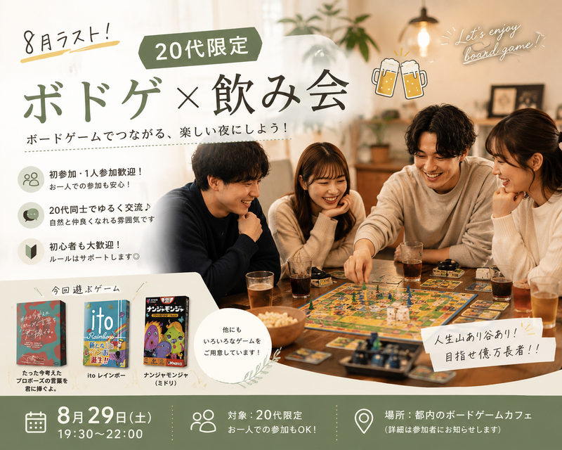 8月ラスト！20代中心ボドゲ飲み会🍻｜1人参加・初参加歓迎