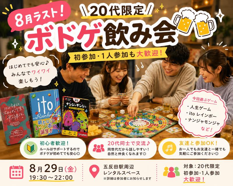 8月ラスト！20代中心ボドゲ飲み会🍻｜1人参加・初参加歓迎
