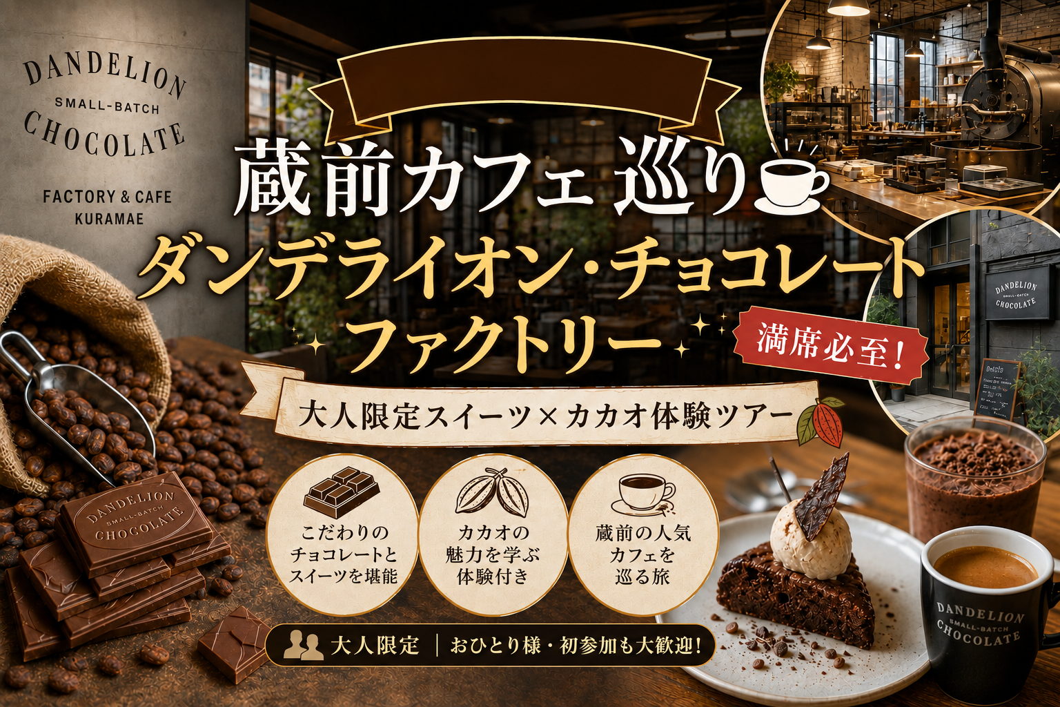 【12/12(土)蔵前カフェ巡り🍫】ダンデライオン・チョコレートファクトリー！大人限定スイーツ×カカオ体験ツアー