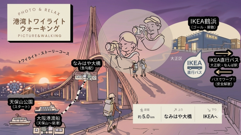 夕景フォトウォーク】船と橋と港町！桜島～天保山渡し舟～なみはや大橋の夕景を撮ろう《約4km》