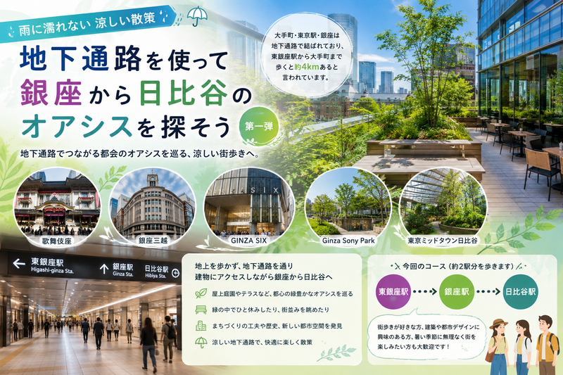 雨に濡れない涼しい散策〜地下通路を使って銀座から日比谷のオアシスを探そう第一弾