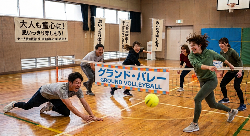 バレーボール×エアホッケー！？バレーボールなのにボールを転がす！？
童心に帰って楽しむ！「グランド・バレー」