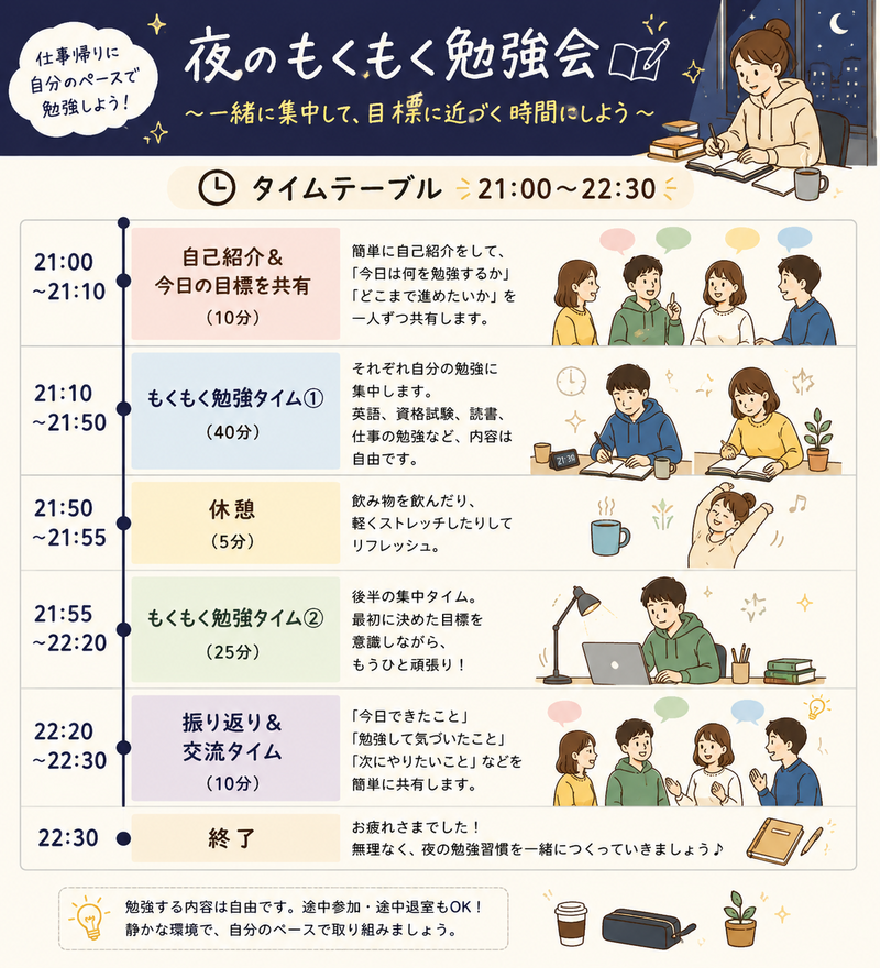 🌙夜活！ 夜のもくもく勉強会｜仕事帰りに一緒に勉強しませんか？