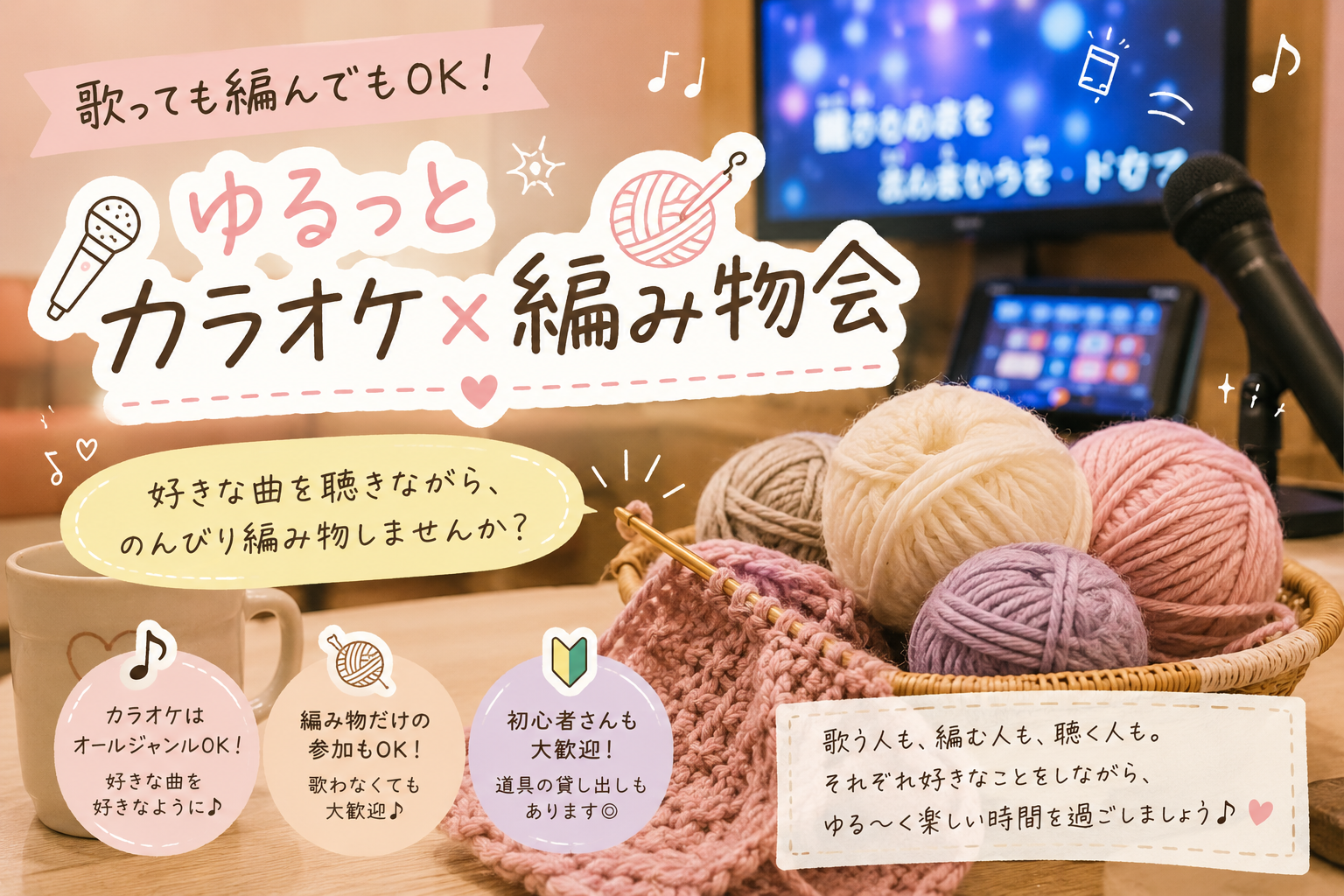 【8/22池袋】歌っても編んでもOK！ゆるっとカラオケ×編み物会🎤🧶20代〜30代限定