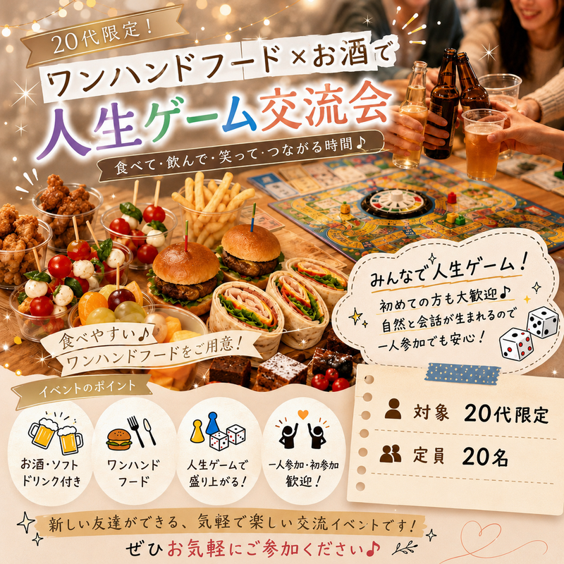 20代中心🍔✨ ワンハンドフード×お酒×人生ゲーム交流会 🎲🍻