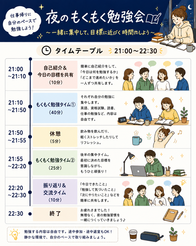 🌙夜活！ 夜のもくもく勉強会｜仕事終わりに一緒に勉強しませんか？