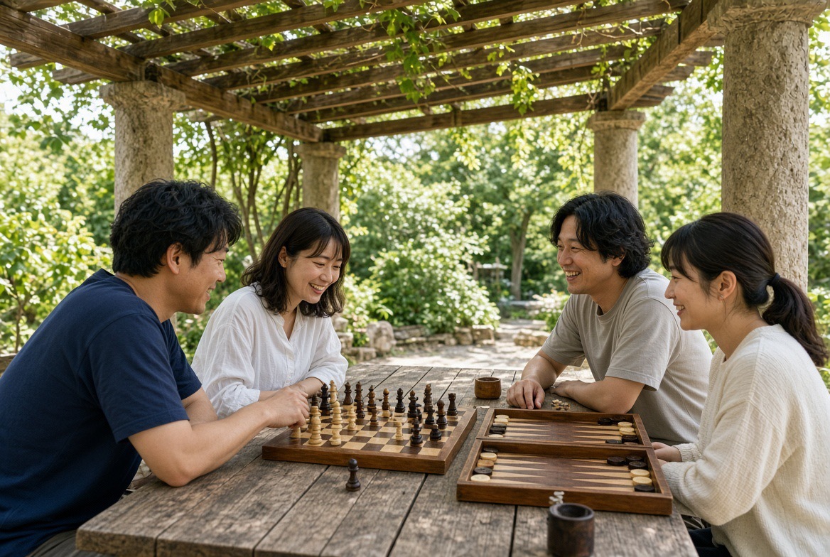 **水曜の朝を、知的にスタート！**

**早朝 青空ボドゲ会**

〜 緑に囲まれたテラスで思考を深める特別な時間 〜