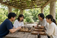 **金曜の朝を、知的にスタート！**

 *早朝 青空ボドゲ会*

〜 緑に囲まれたテラスで思考を深める特別な時間 〜