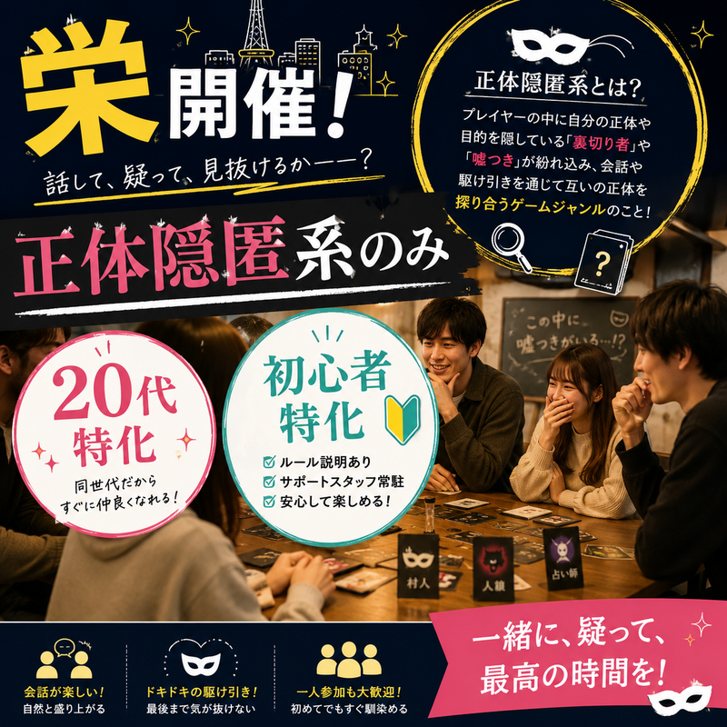 【栄×20代×正体隠匿系（騙し合い）ボードゲーム特化の特別企画‼️】初心者向けに行います！