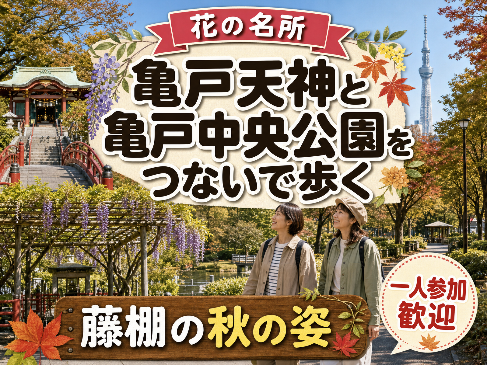 【花の名所】亀戸天神と亀戸中央公園をつないで歩く🌳藤棚の秋の姿