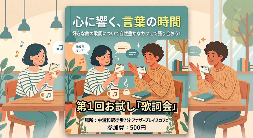 【新企画‼️】9月27日（日）開催✨
中浦和駅の自然豊かなカフェで歌詞の意味を語り合う会🎶