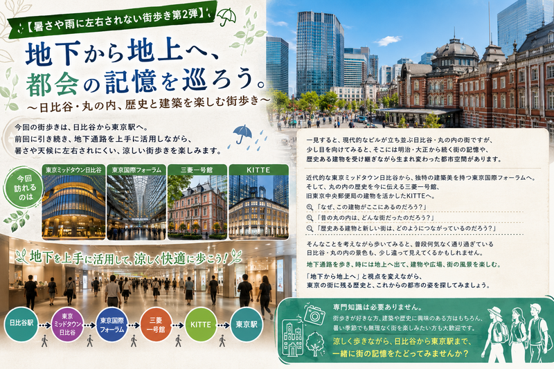 【暑さや雨に左右されない街歩き第2弾】
～日比谷・丸の内、地上と地下を行き来し歴史と建築を楽しむ街歩き～