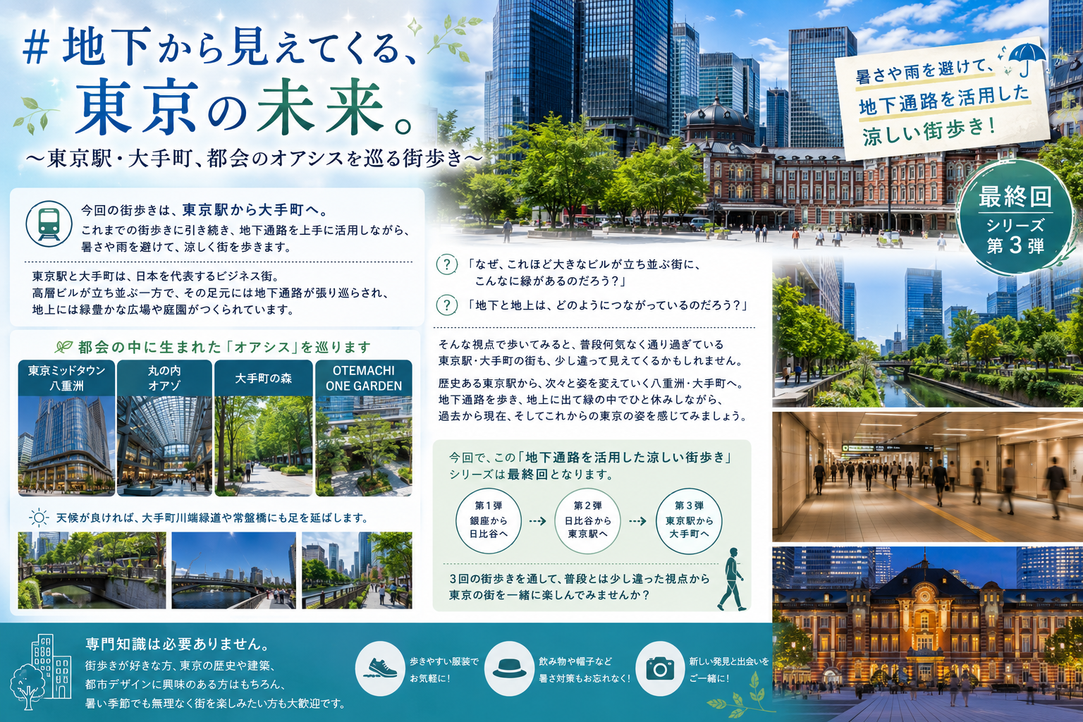 【暑さや雨に左右されない街歩き第3弾】
～東京駅・大手町、街を歩いて見えてくる東京の未来、都会のオアシスを巡る街歩き～