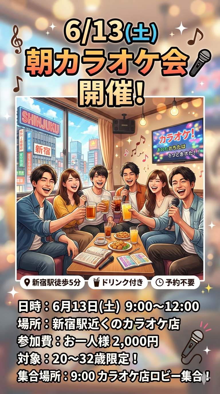 【9/27(日)10時〜新宿カラオケ会🎤】朝から盛り上がろう！フレッシュ交流イベント☀️大人気企画！