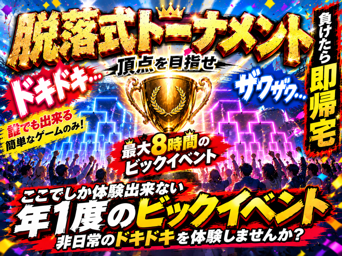 年1度ビックイベント開催！最大8時間！！脱落式トーナメント！心理ゲームやボードゲームも用意！