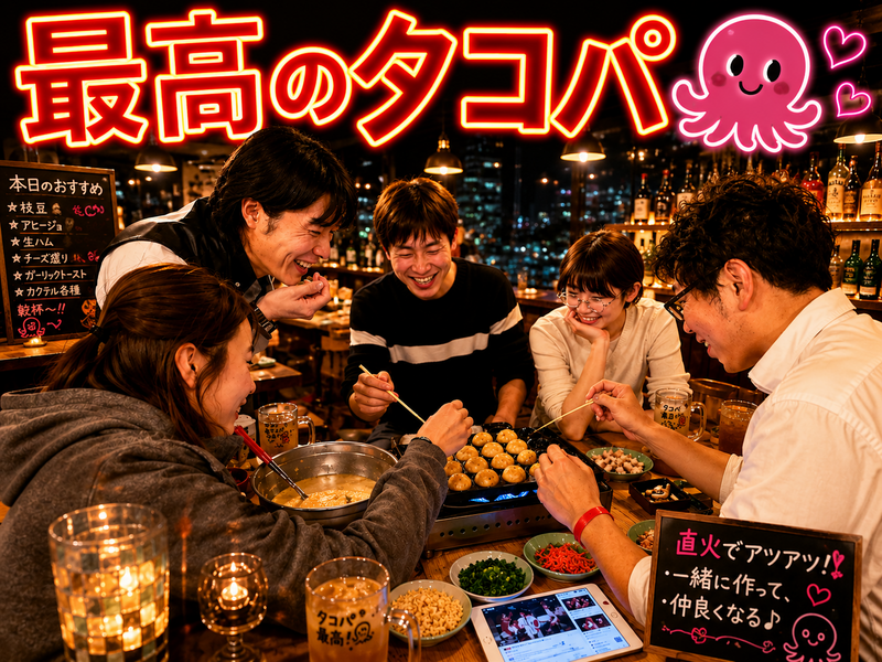 気楽にふらっと友達作り 💓 今回は平日タコパ♪最高のたこ焼きを作ろう！飲み放２時間＋楽しみ放題２時間✨