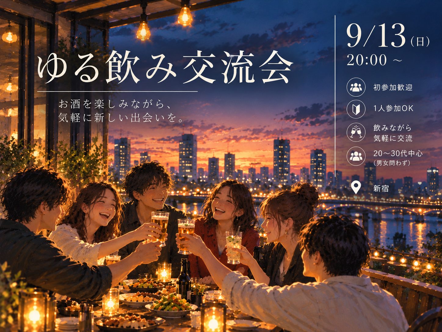 【9/13(日)20時〜】ゆる飲み交流会で気軽に新しい出会いを楽しもう🍻