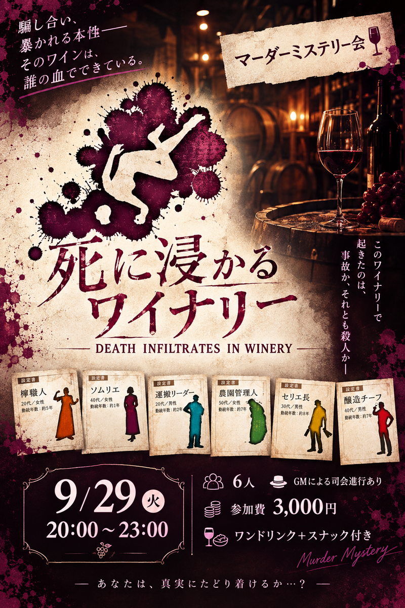 梅田でマーダーミステリー会🕵️📙✨
「死に浸かるワイナリー🍷」