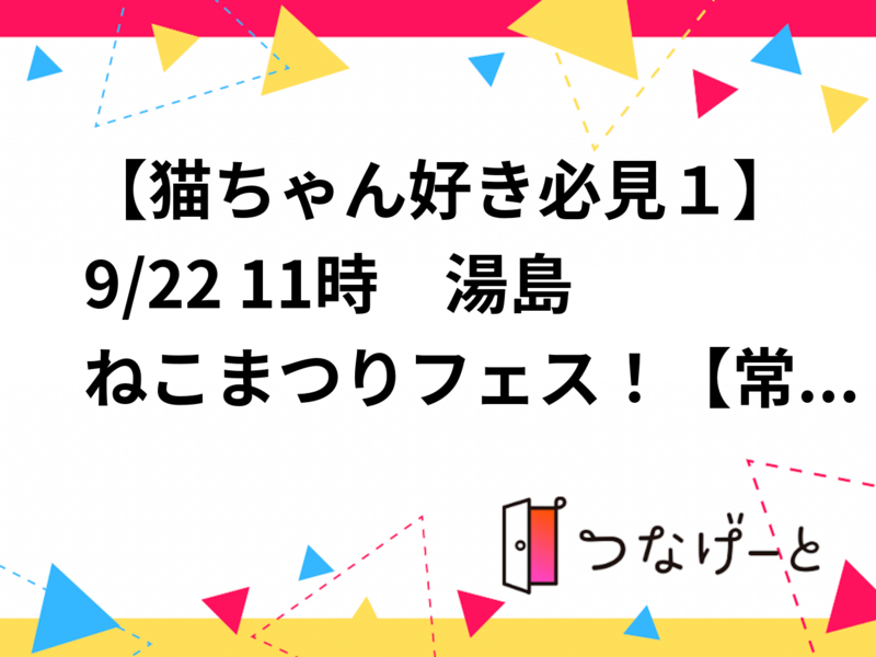 【猫ちゃん好き必見！】9/22 14時 湯島 ねこまつりat湯島！【常連の方参加費還元！】