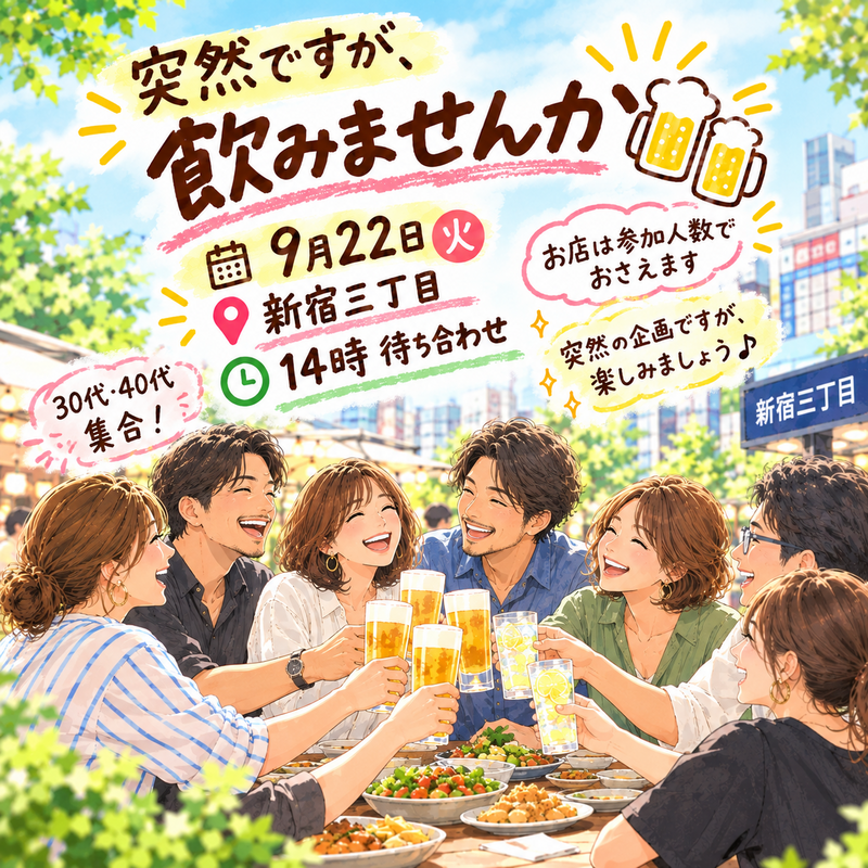 30代40代集合✨9月22日(火)突然ですが、飲みましょう♪