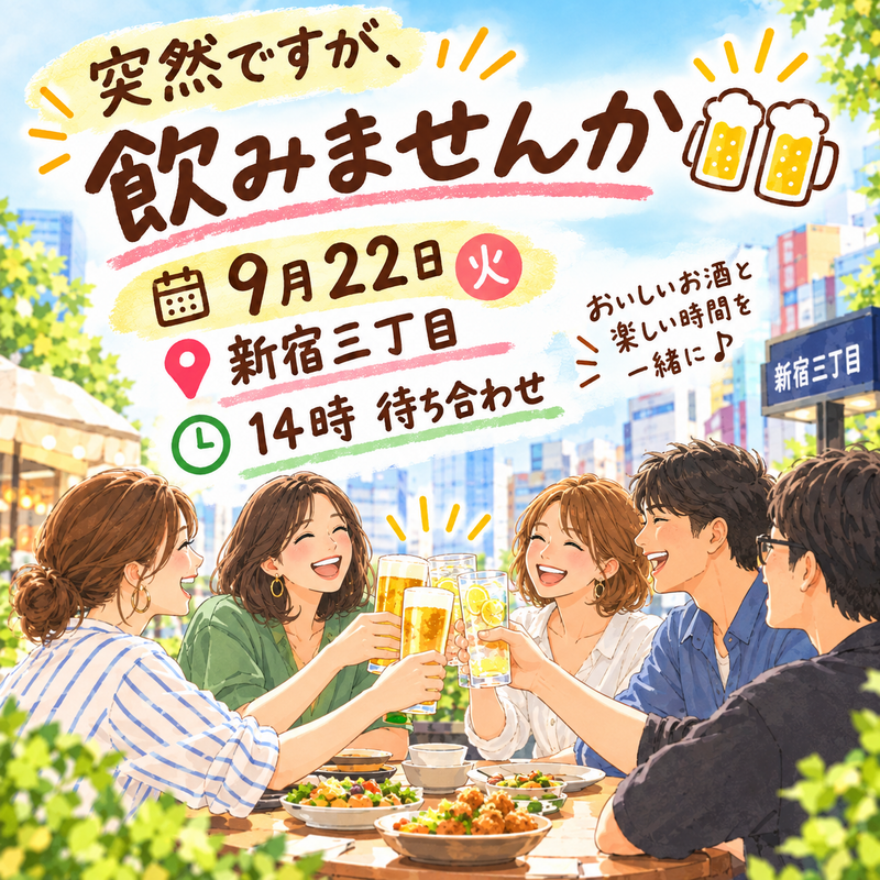 30代40代集合✨9月22日(火)突然ですが、昼過ぎから飲んじゃお⭐️