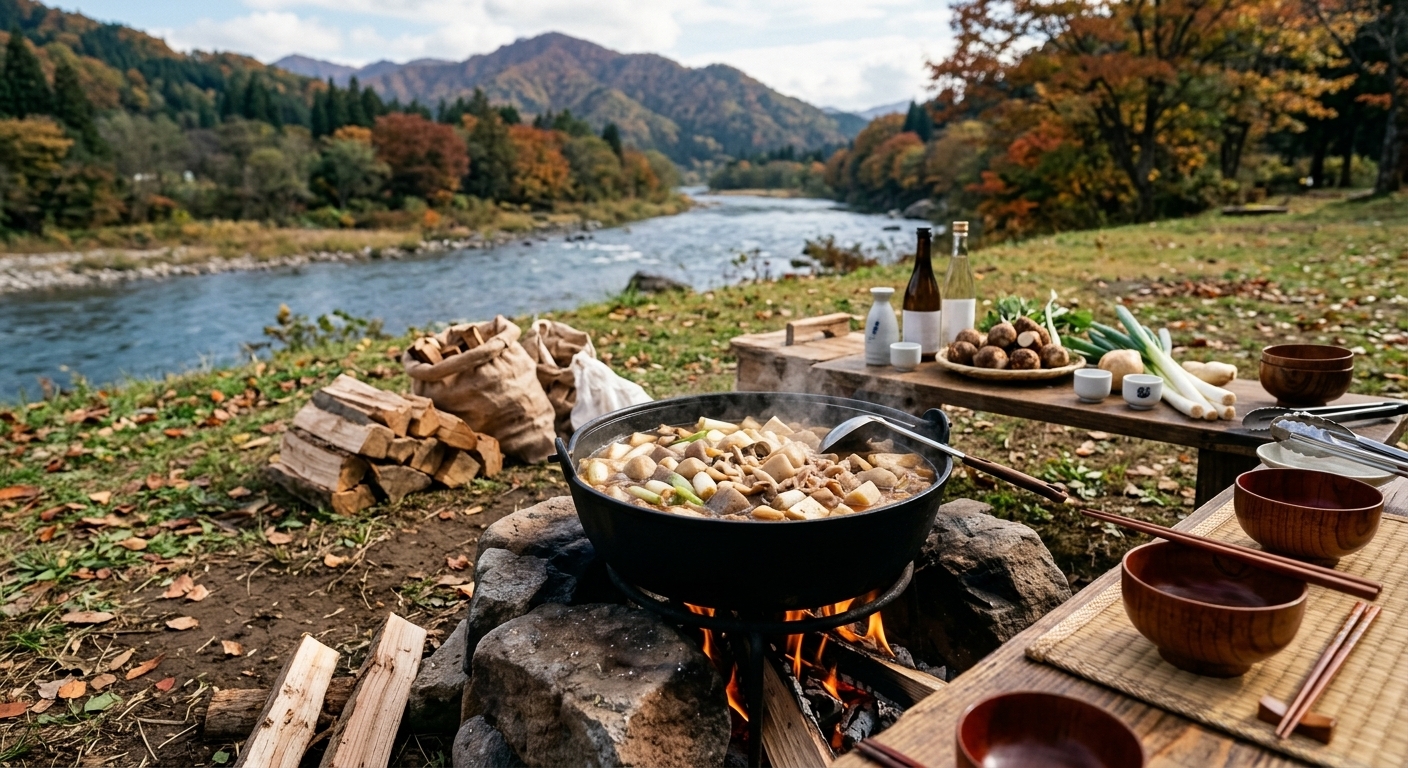 秋空の桂川で味わう！庄内風芋煮とBBQの会　　　　　　　　　　