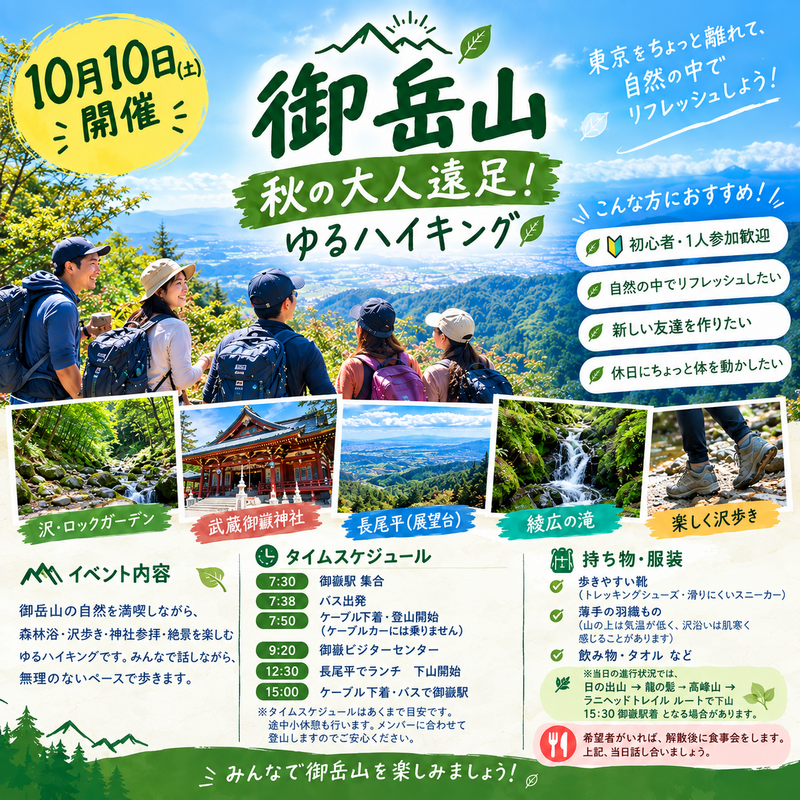 🍃御岳山で大人遠足！森林浴＆ゆるハイキング　〜初心者・1人参加大歓迎！〜🍃