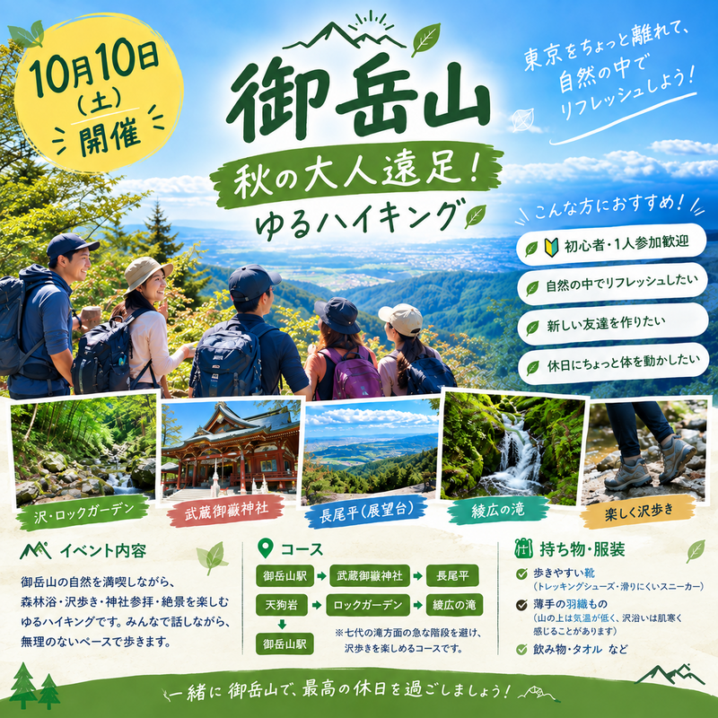 🍃御岳山で大人遠足！森林浴＆ゆるハイキング　〜初心者・1人参加大歓迎！〜🍃