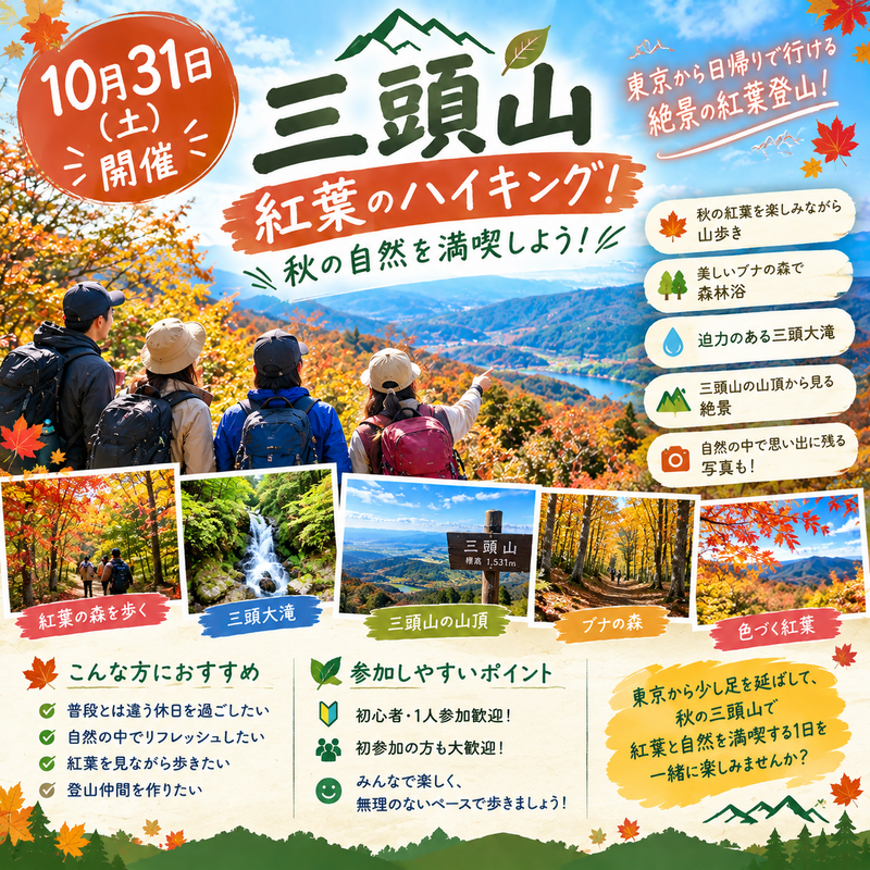 🍁10月31日（土）【紅葉登山】三頭山へ行こう！　紅葉・滝・絶景を楽しむ秋のハイキング⛰️　🔰初心者・1人参加歓迎！