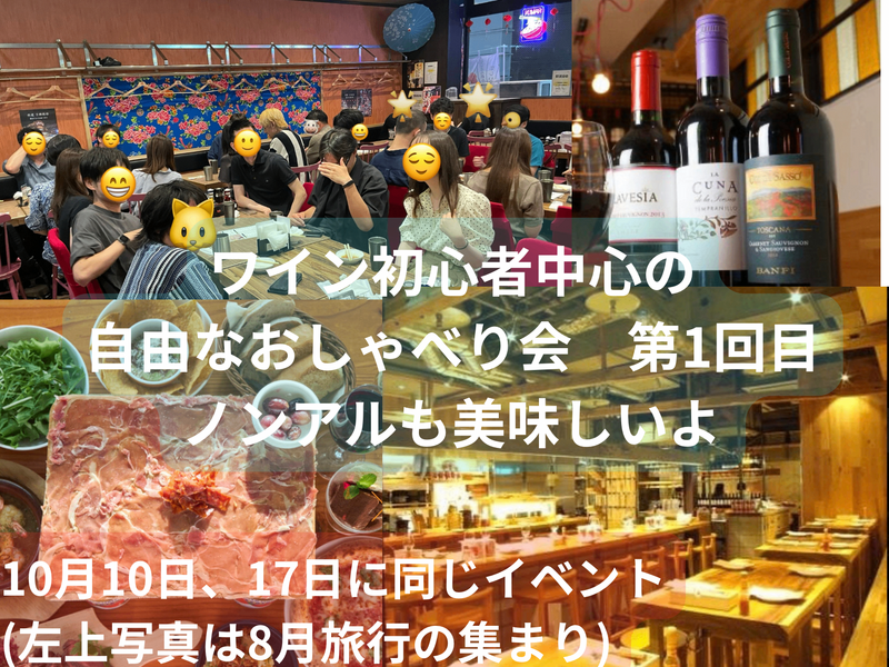 ワイン初心者中心の自由なおしゃべり会🍷ノンアルも美味しいよ☺️49歳まで、上野のお店、大学生歓迎