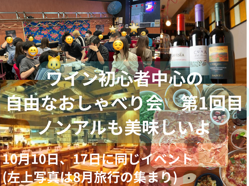 ワイン初心者中心の自由なおしゃべり会🍷ノンアルも美味しいよ☺️49歳まで、上野のお店、大学生歓迎