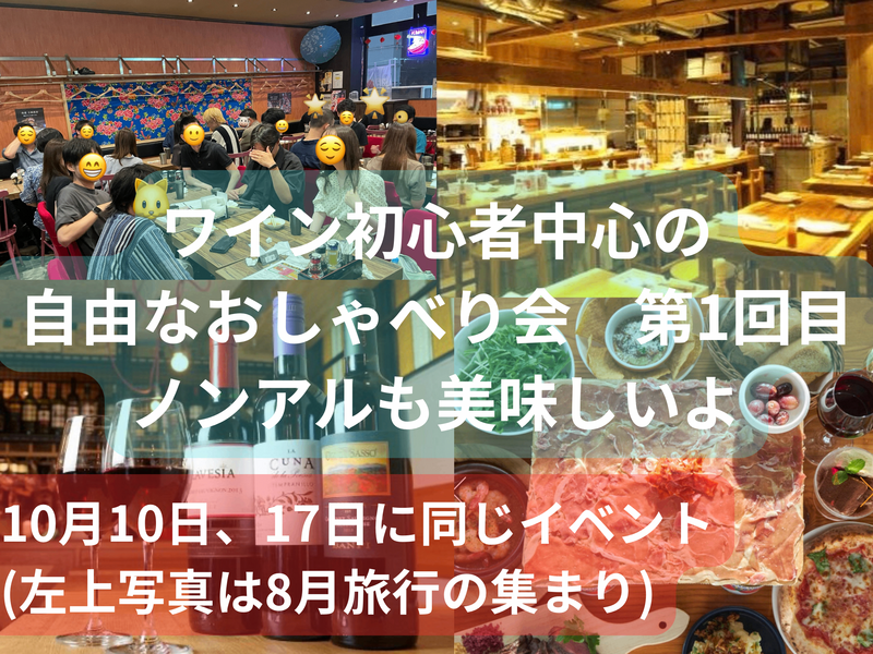 ワイン初心者中心の自由なおしゃべり会🍷ノンアルも美味しいよ☺️49歳まで、上野のお店