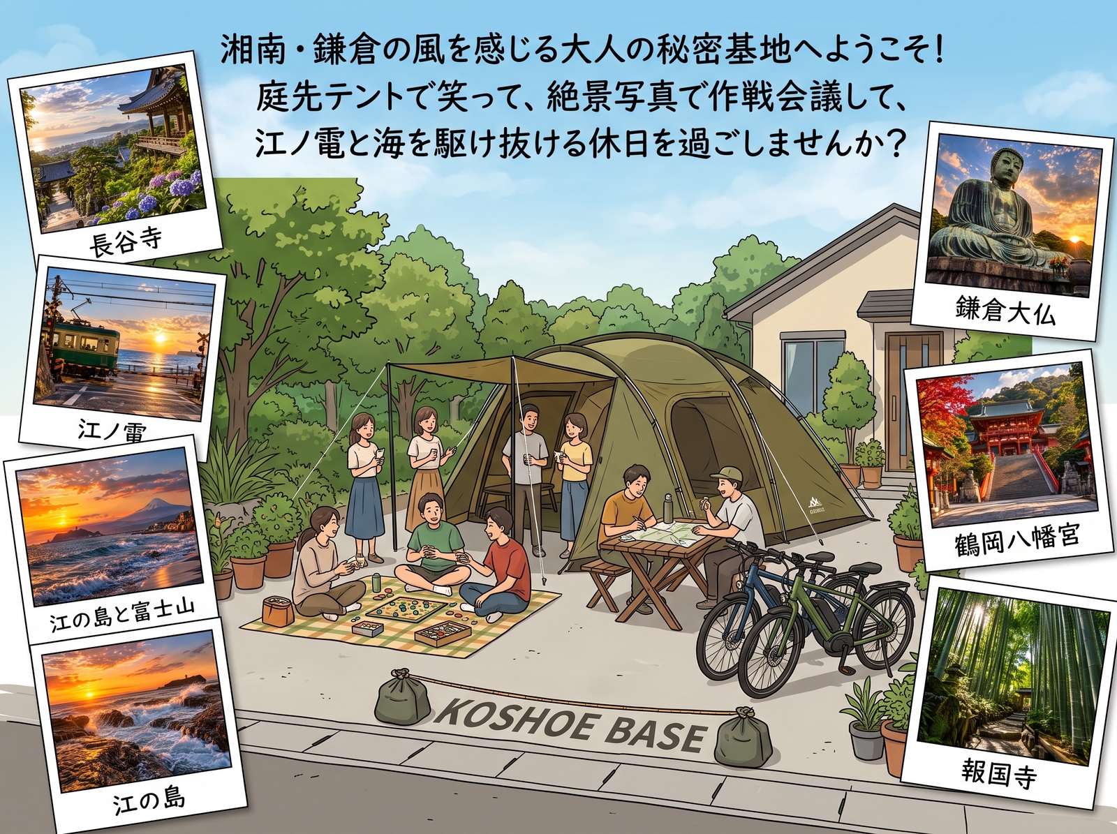 【鎌倉・腰越】庭先テントでボドゲ×絶景作戦会議！意気投合した仲間と電動チャリで巡る海街ポタリング【手ぶら/少人数限定】