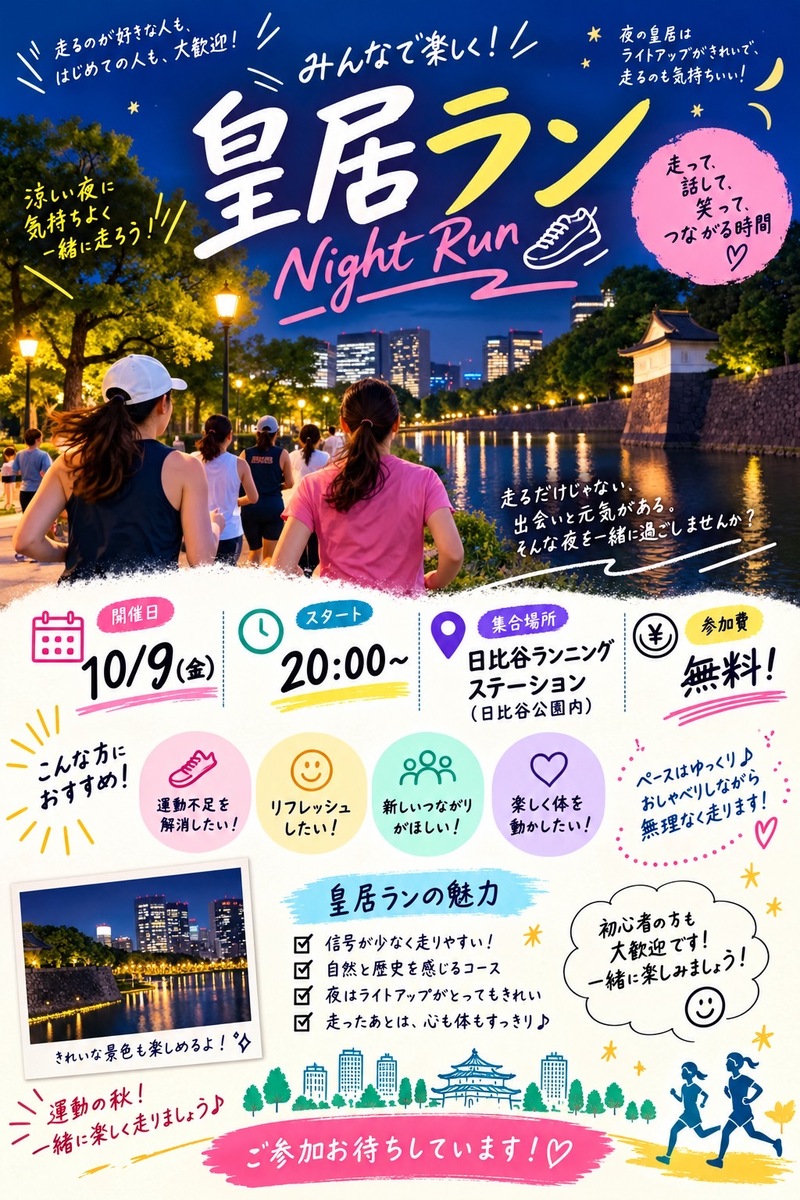 【男女共同主催】まったり皇居ラン♪初心者さん・お一人様大歓迎！サクッと飲みも🍺